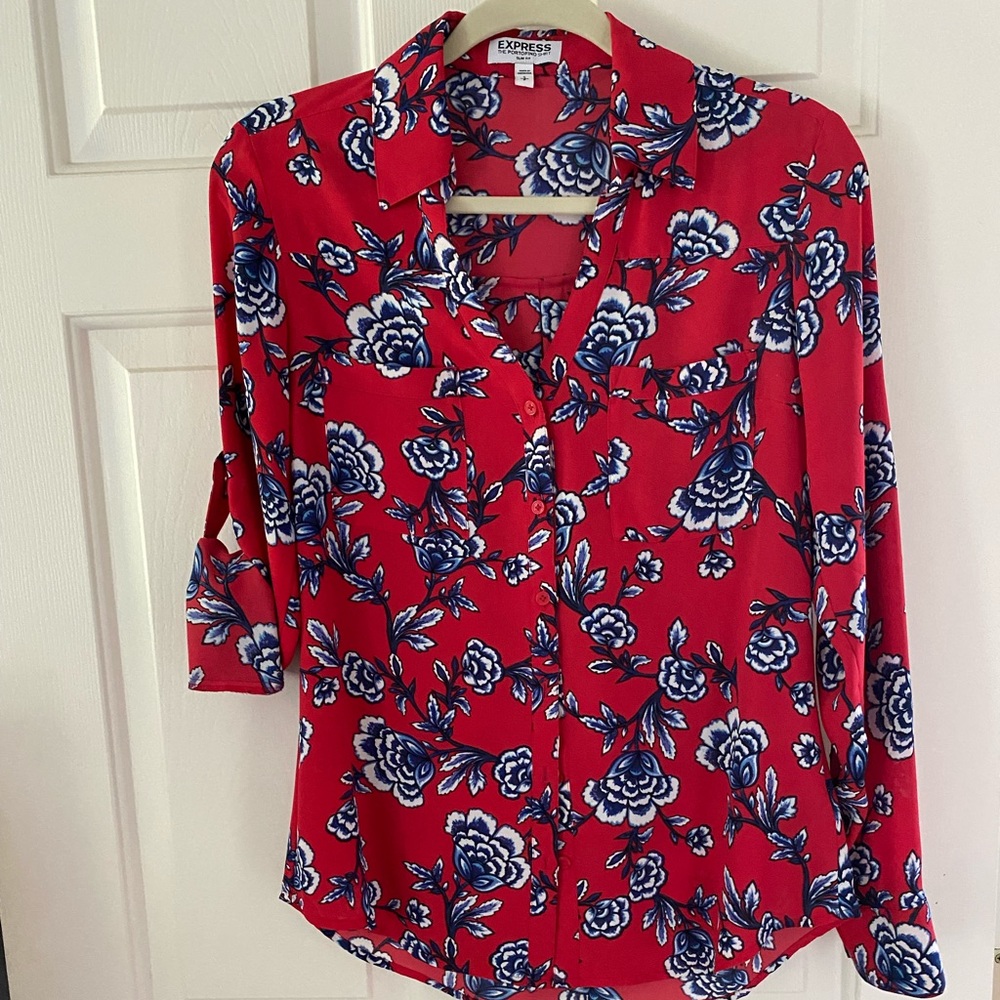 Express Red and Blue 3/4 Sleeve Notched Collar Blouse